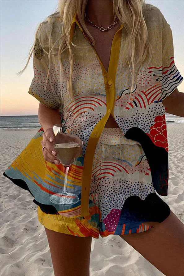 Personalized and Vibrant Beach Style 3D Digital Printed Loose Thin Shirt Casual Summer Women's Top Shorts Two-piece Set