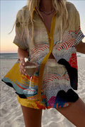 Personalized and Vibrant Beach Style 3D Digital Printed Loose Thin Shirt Casual Summer Women's Top Shorts Two-piece Set