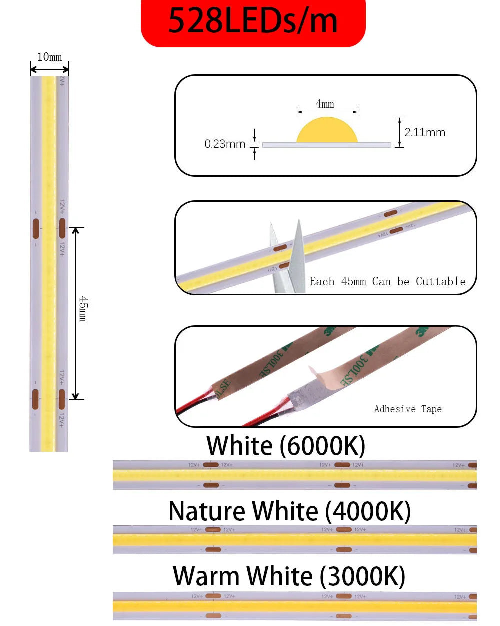 COB LED Strip Light High Density Linear Lighting 480/528Leds/m Flexible Tape Warm Natural White Red Blue Green Decor DC12/24V