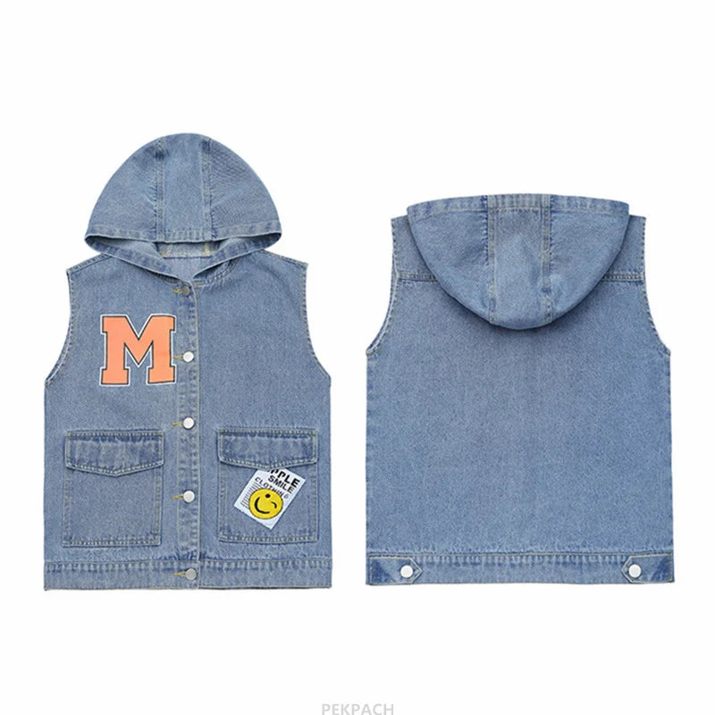 Korean Kids Vintage Hoodies Denim Vest For Girls Casual Streetwear Clothing Teens Child Hooded Denim Waistcoat Jacket Outfits