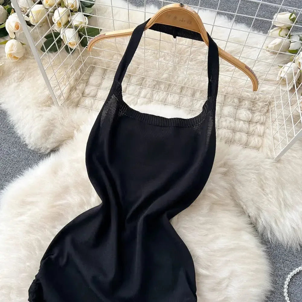 2024 Fashion Y2K Solid Knitted Women Dress Sexy Halter Backless Slim Elastic Bodycon Summer Short MiniDress Streetwear Vestidos