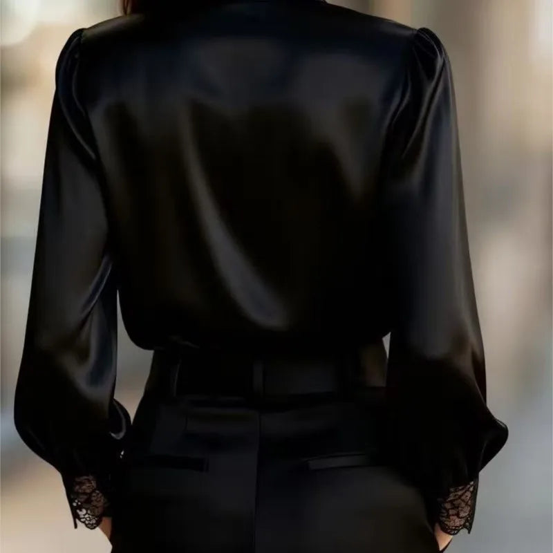 New Lace Patchwork Shirt For Women Fashion Long Sleeve V Neck Button Shirts Tops Lady Chic Office High Street Women's Clothing
