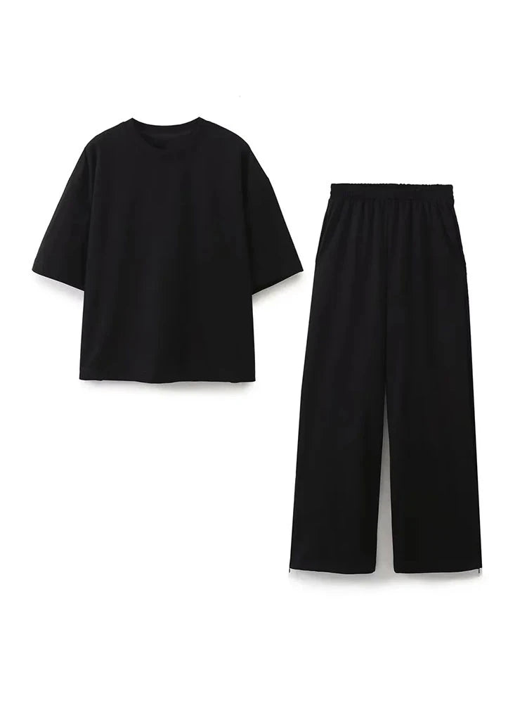 HH 2024 Women's Solid Casual T Shirts Pant Set Short Sleeves O-Neck T-Shirt Top+Lace-up Loose Side Pockets Straight Pant