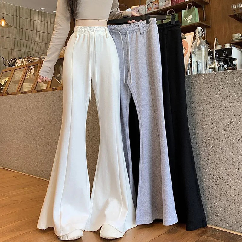 Girls Designer High Waist Flared Pants Lady Korean Slim Fit Casual Trousers Women Chic Drawstring Straight Leg Pants