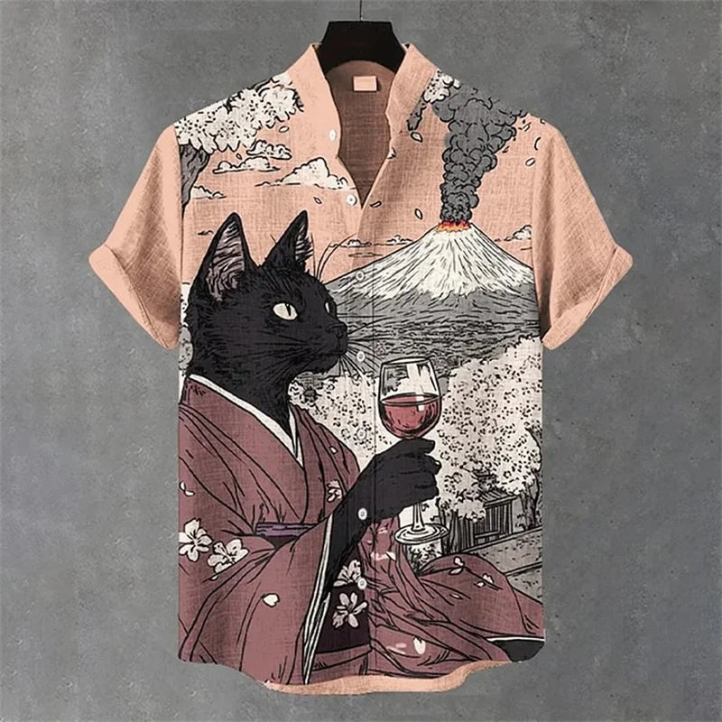 Colorful Men's Linen Summer Short Sleeve Shirt Fashion, Short Sleeve Top 3D Cat Printed Pattern Men's Clothing,