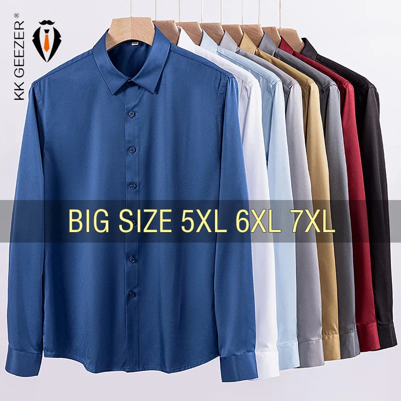 Men Shirt Glossy Long Sleeve Plus Size 5XL 6XL 7XL Oversize Loose Casual Dress Shirt Autumn Comfortable Office Work Business