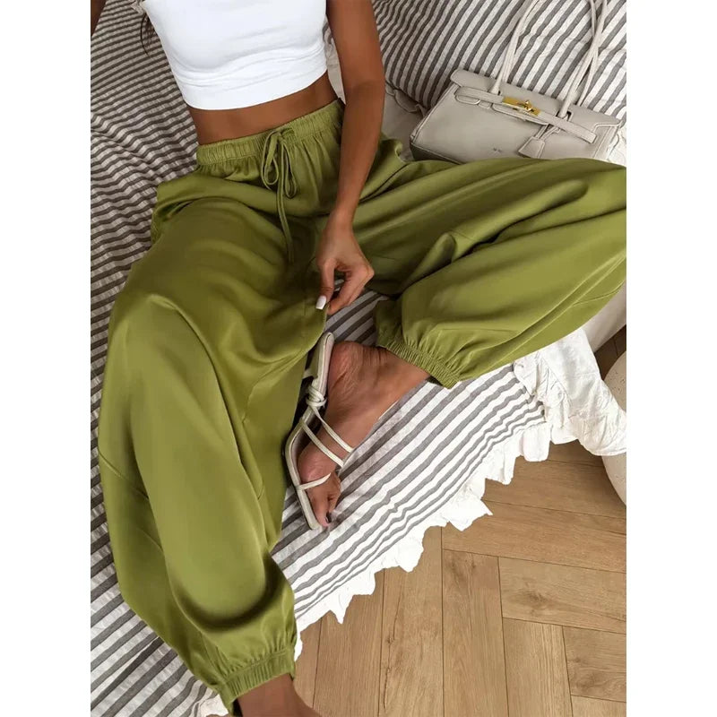 Solid Drapey Satin Loose Harem Pants Women Casual Elastic Waist Drawstring Design Long Pant 2026 Lady Commute Versatile Wear New