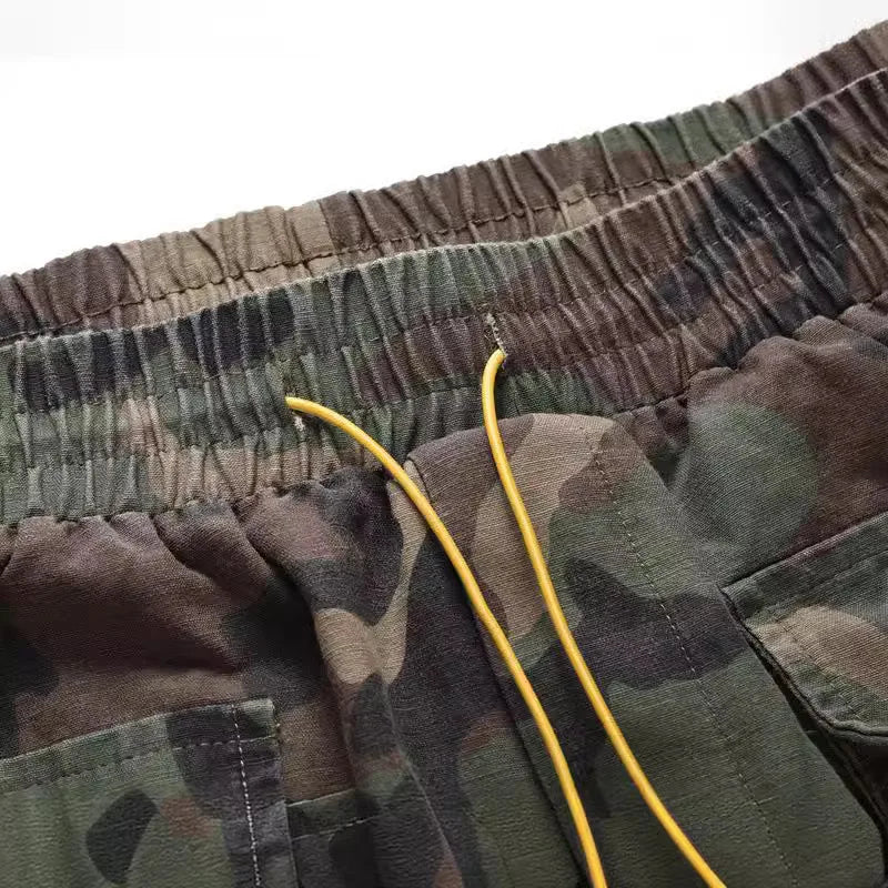 2025 New High Street Trend Drawstring Tie Waist Washed Vintage Casual Camouflage Multi Pocket Cargo Shorts