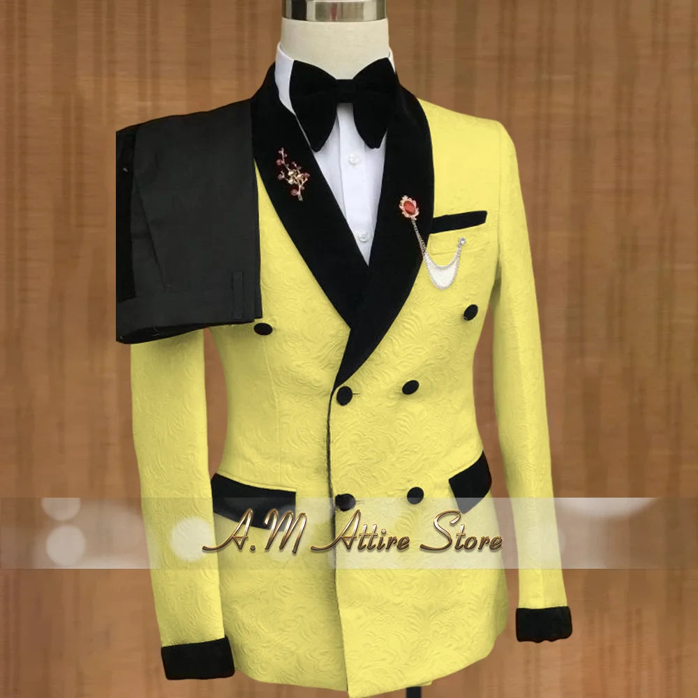 Luxury Wedding Attire for Men Tailored White Jacquard Suit with Black Velvet Shawl Lapel Accents for Grooms & Bridal Party 2PCS