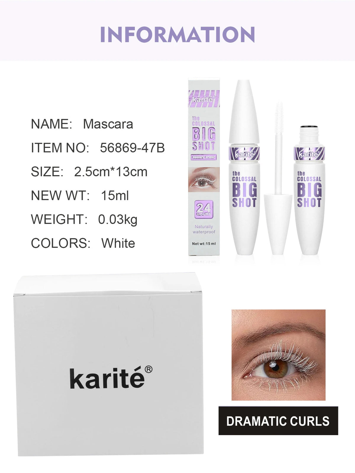 Long and Curling White Mascara, Waterproof and Sweat-Proof Colored Eyelashes, No Clumps, Not Easy to Smudge, Not Easy to Dirty