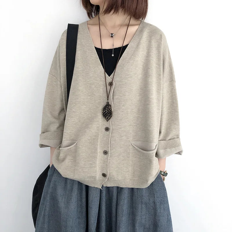 Johnature Women Cardigan Sweaters Solid Color Loose V-Neck Long Sleeve Coats 2025 Autumn New Button Pockets Female Sweaters