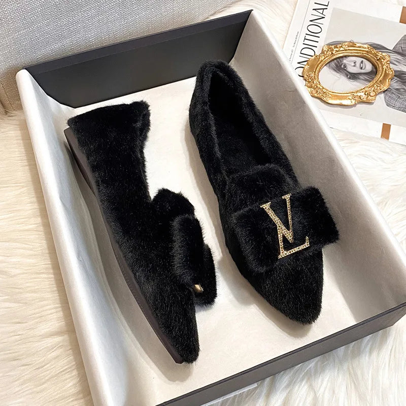 Flats Shoes for Women 2024 New Autumn Pointed Flat Mink Fur Winter Shoes Velvet Women's Loafers Ladies Shoes Plus Size 41 42 43