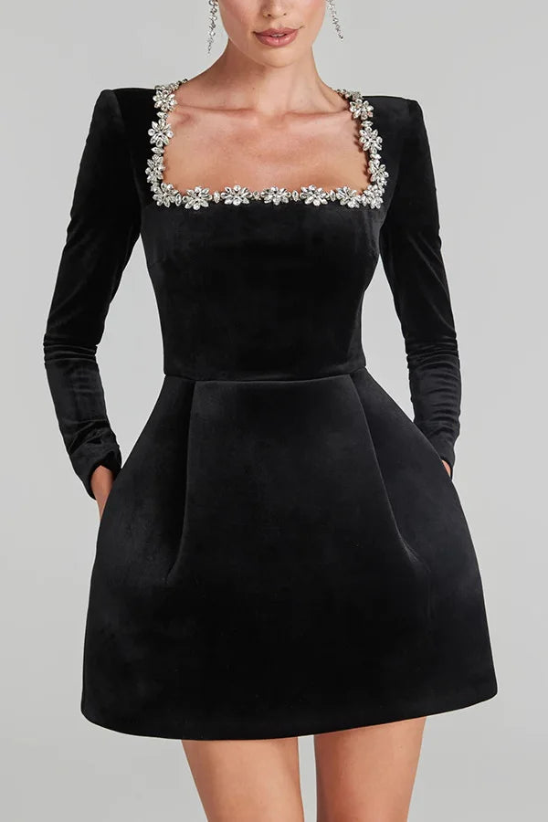 European and American Temperament Square Collar Diamond Setting Velvet Dress, Women's Spring Solid Color Long Sleeve Short Dress