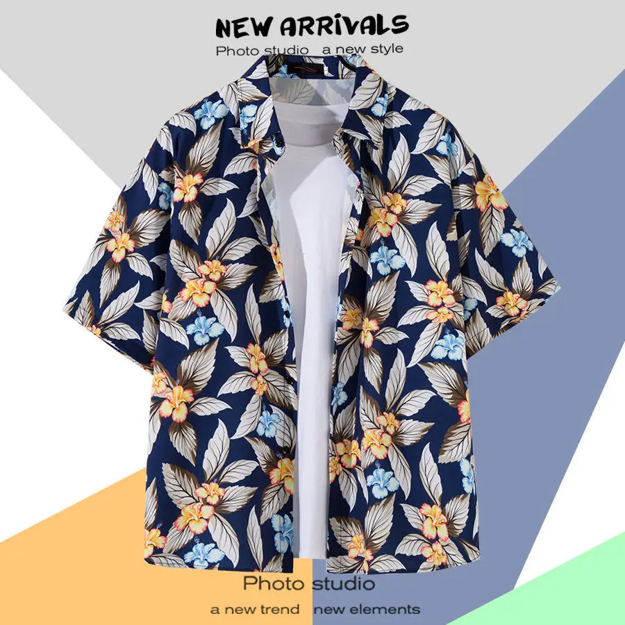 New Summer Casual Short Sleeved Shirt Korean Version Fashionable Men's and Women's Loose Collar Hawaiian Seaside Flower Shirt