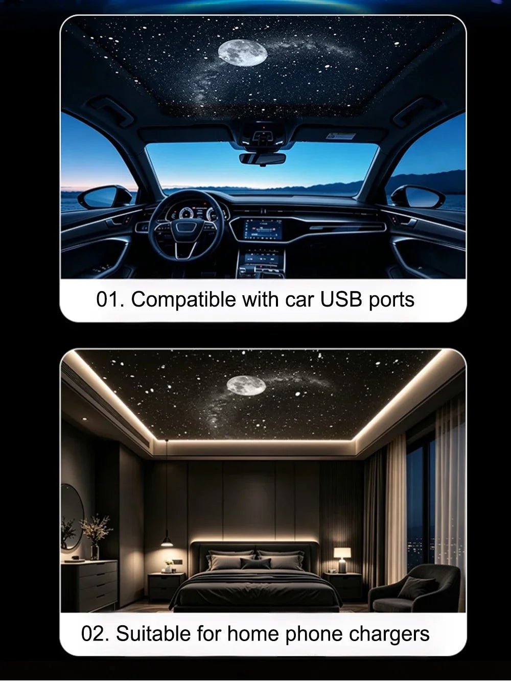 USB For Car Interior& Home Decor Roof Star Galaxy Projection Ambient Lighting 360° Adjustable Starry Sky Ambient Projector Light