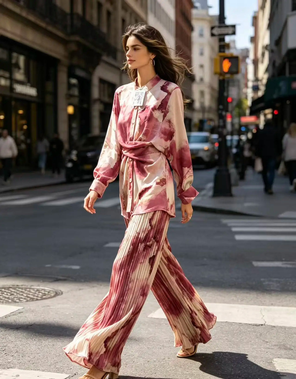 Summer Retro Print For Women Suit Chic and Elegant Outifits Top+High Waist Wide Leg Pleated Long Pants 2 Piece Set 2026