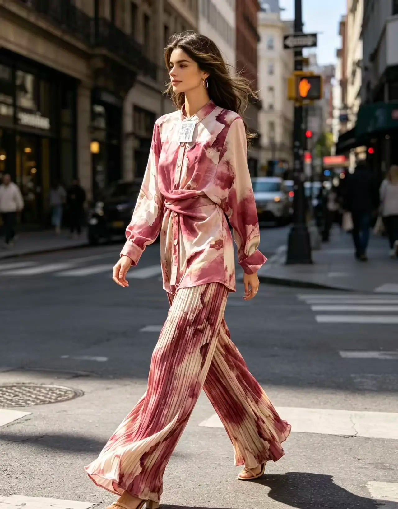 Summer Retro Print For Women Suit Chic and Elegant Outifits Top+High Waist Wide Leg Pleated Long Pants 2 Piece Set 2026