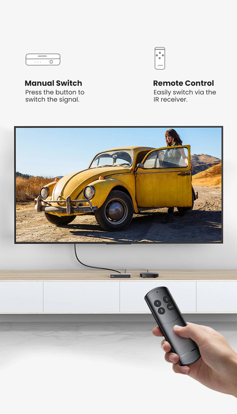 UGREEN HDMI 2.1 Switcher 8K 60Hz 4K120Hz HDMI-compatible Switch 3 in 1 Out with Remote Control Converter For Xbox PS5 Monitors