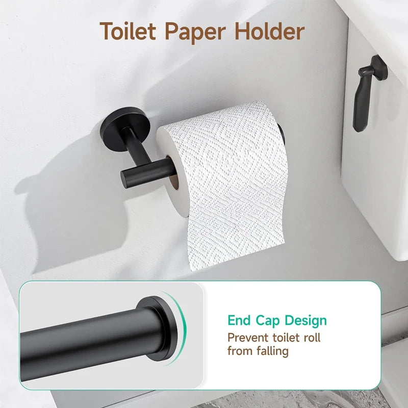 Bathroom Hardware Set Matte Black 3PCS Stainless Steel Toilet Paper Holder Towel Robe Hooks Wall Mounted