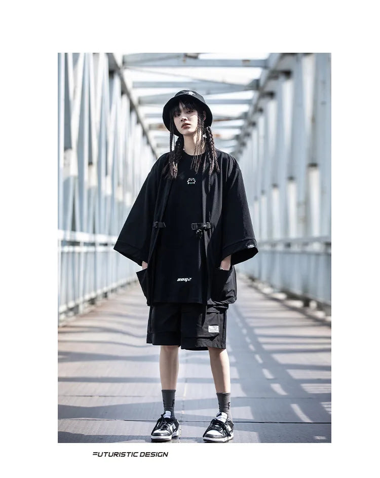 2023 Ribbon Hip Hop Punk Techwear Kimono Oversized Shirts Mens Japan Style Harajuku Casual Cargo Shirt Cloak