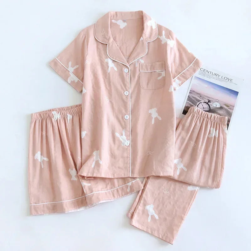 Three-piece Japanese-style pajamas women spring and summer autumn 100% cotton gauze short-sleeved shorts trousers summer suit ho