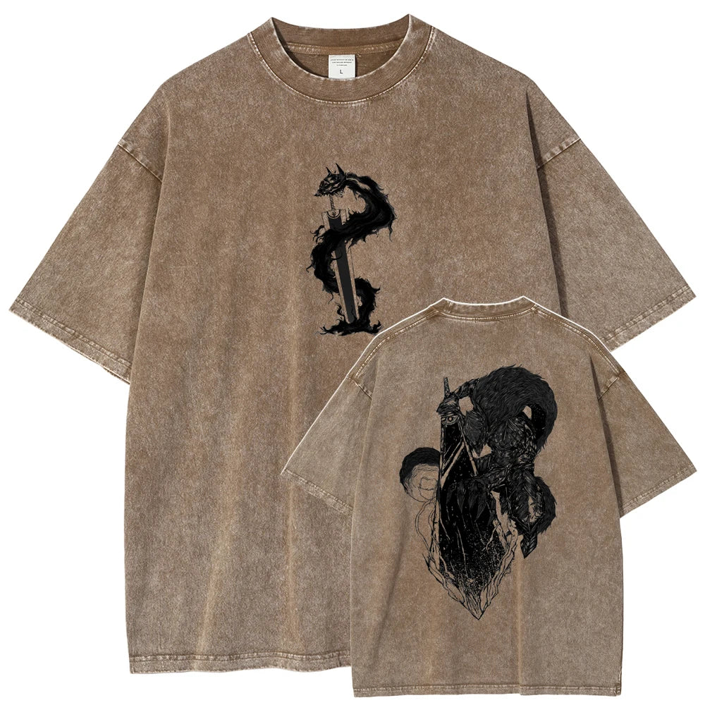 Berserk Guts T Shirt Manga Griffith Printed  T-shirt Men Unisex Clothes Street Vintage Washed Tshirt Short Sleeve Cotton Tees