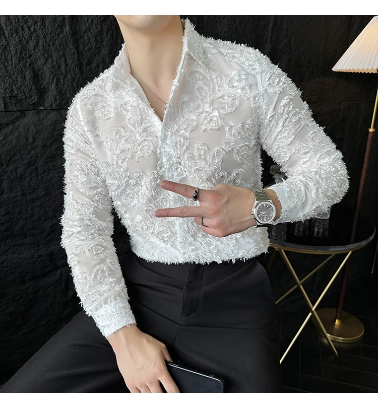 Tassels Shirts For Men Korean New Autumn Winter Long Sleeve Men's Social Shirt Slim Fit All Match Plain Color Blouse Homme 4XL-M