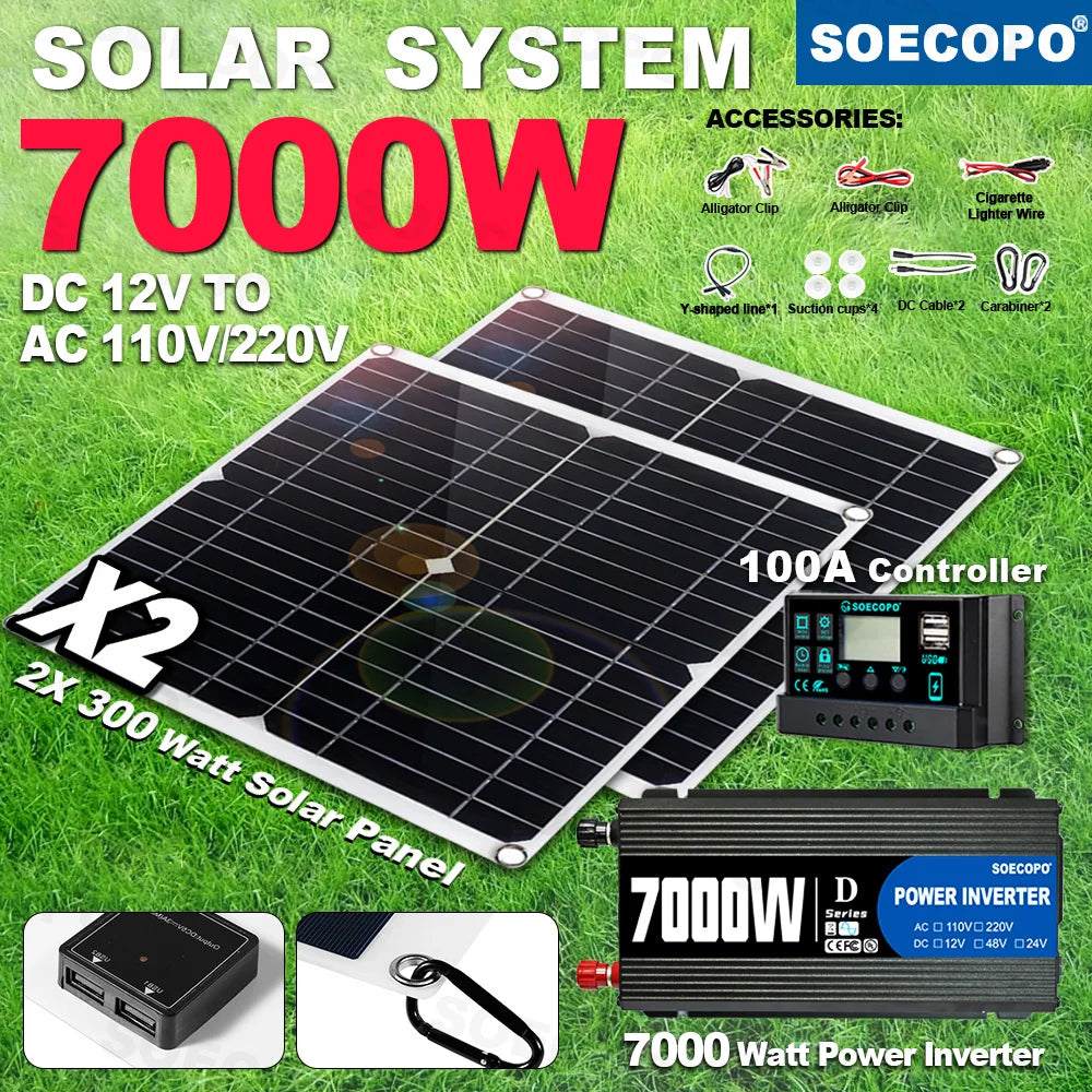 7000W Portable Solar Power Kit 600W High-Efficiency Panel + 100A Controller + 12V to 110V/220V Inverter Ideal for RV Camping