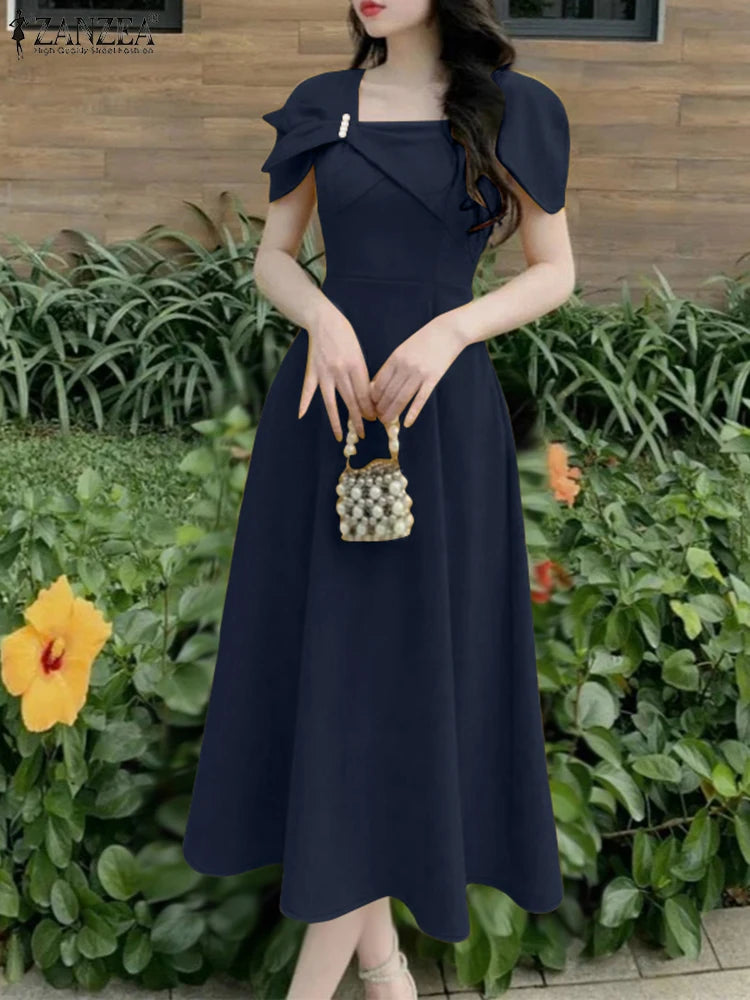 ZANZEA Elegant Chic Women A-Line Dresses Summer Fashion Square Neck Short Sleeve High Waisted Midi Robes Femme Office Vestidos