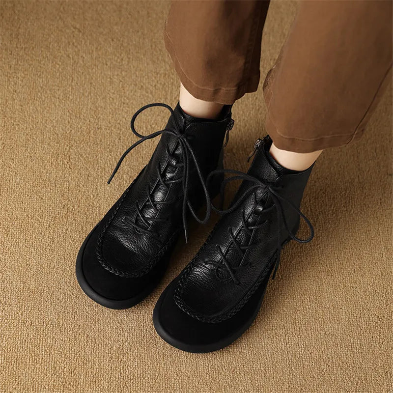 New Autumn Winter Genuine Leather Women Boots Fashion Lace Ankle Boot for Women Short Boots Shoes Chunky Heel Botines Mujer