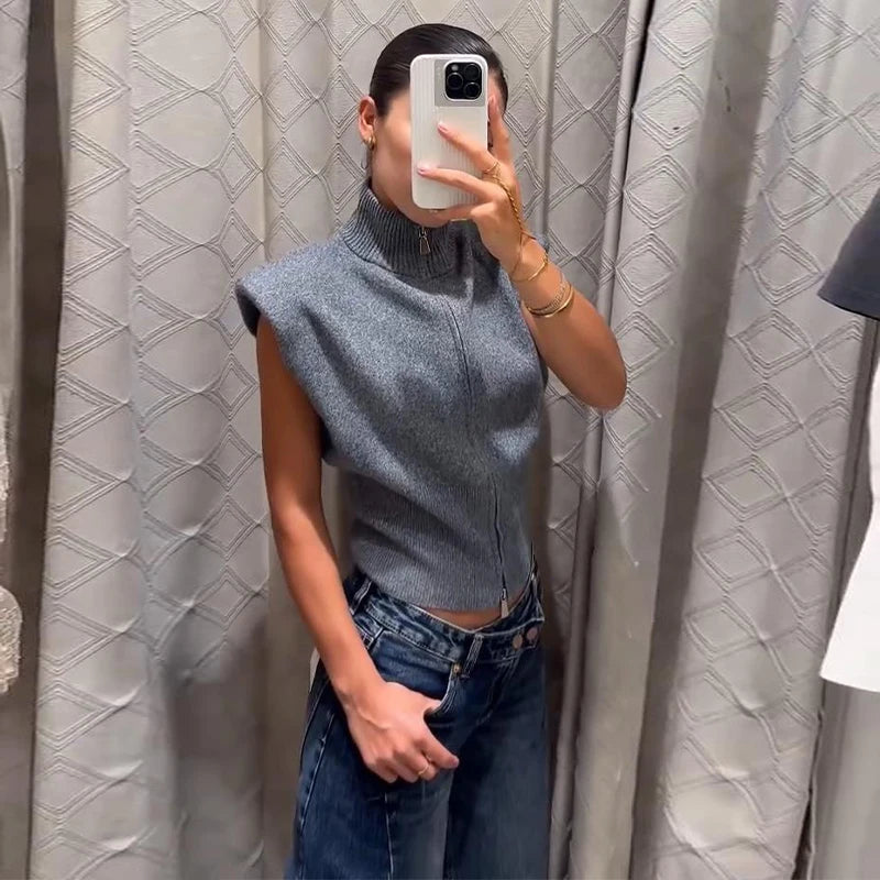 Sleeveless Padded Shoulder Women's Knitted Vest Half Turtleneck Double Zipper Cropped Slim Solid Knit Cardigan Street New Tops