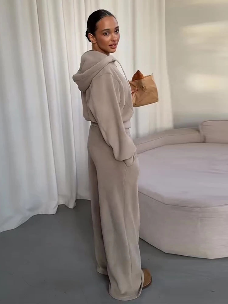 Casual Hooded Coats Long Pants Sets Women's Full Sleeve Draw-string Zipper Tops Wide-leg Trousers 2026 New Ladies Spring Outwear