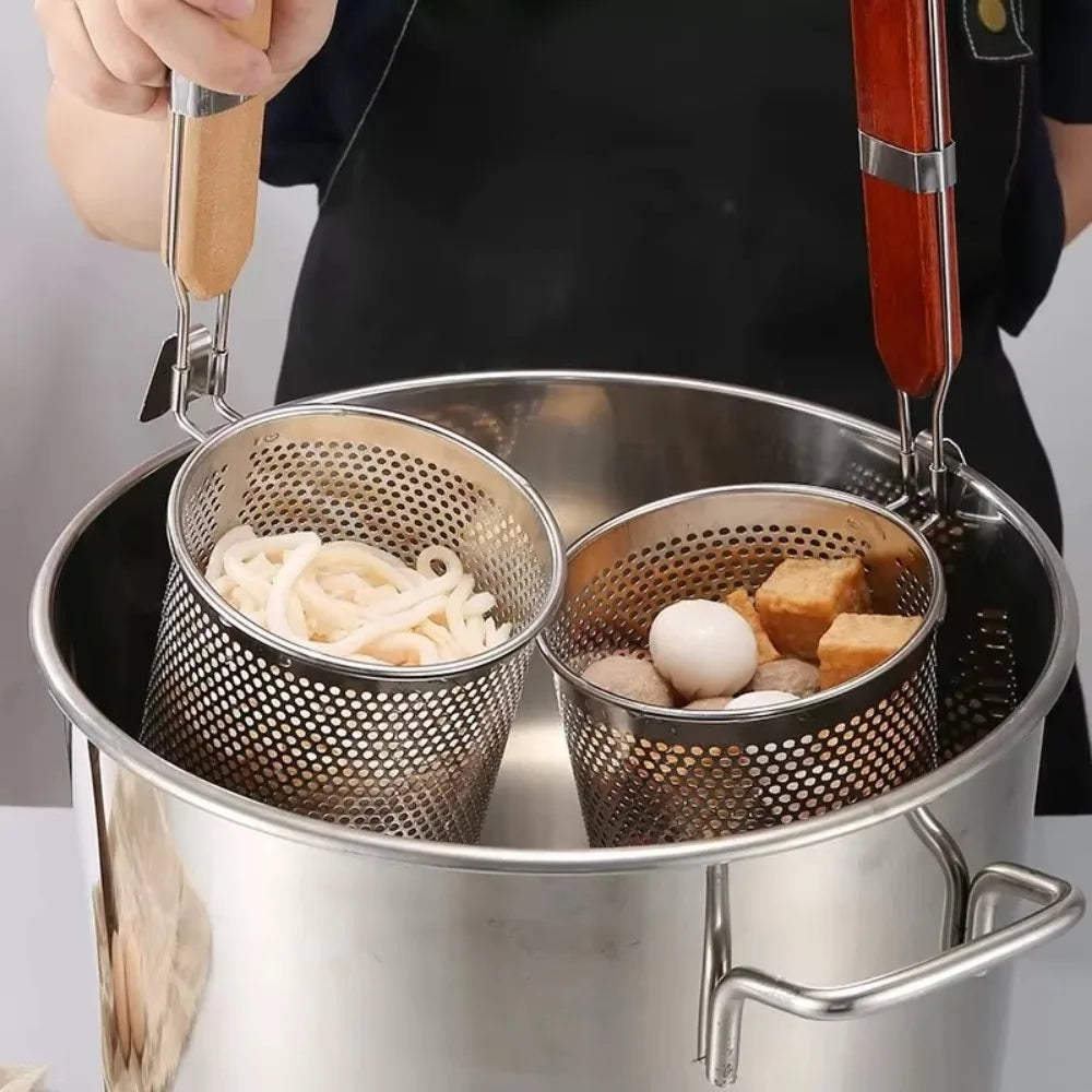 Durable Thickened Stainless Steel Funnel Kitchen Gadgets Wooden Handle Pasta Basket Strainer Multifunctional Noodle Funnel