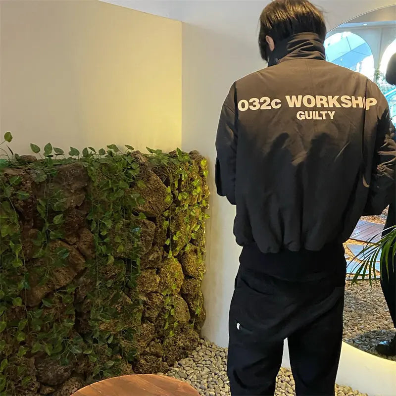 032C black silhouette short wide bomber zip multi pocket jacket