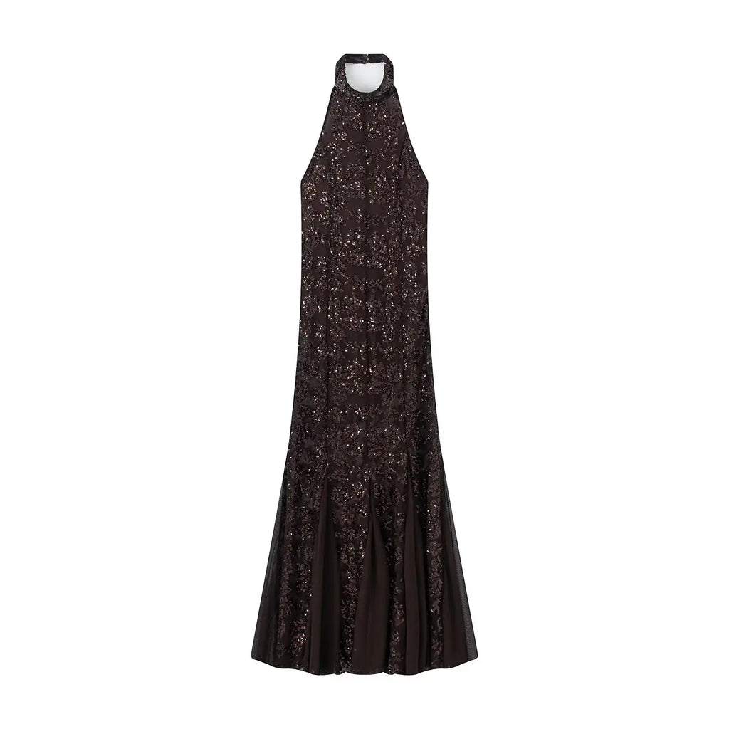 HH Woman Summer Sexy Evening Dress Women Fashion Halter Neck Sleeveless Backless Sequin Embroidered Chic Elegant Long Dress