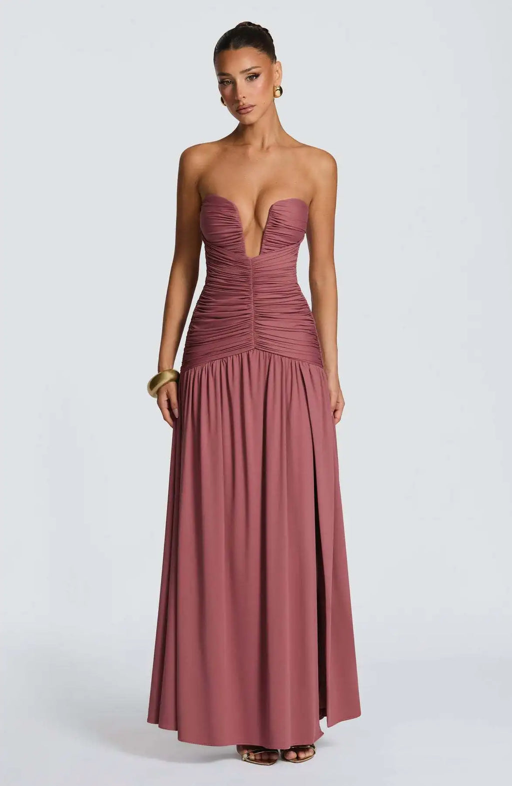 Elegant Lady Solid Maxi Dress Sleeveless Off Shoulder Deep V-neck High Split Pleated Satin Gown 2026 Women New Dinner Party Wear