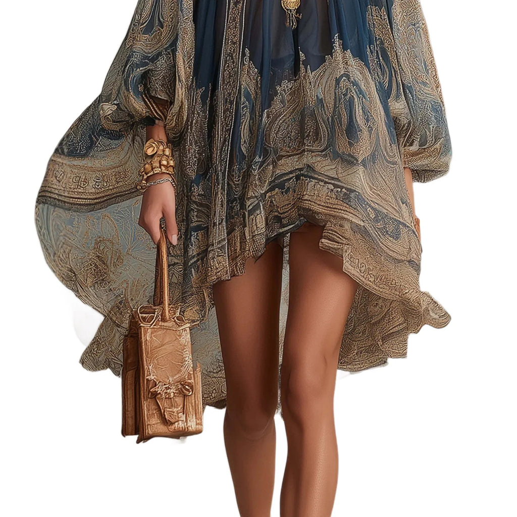 2026 New European and American Turtleneck Printed Chiffon Dress Loose Vacation Style Shawl Long-Sleeved Women's Dress