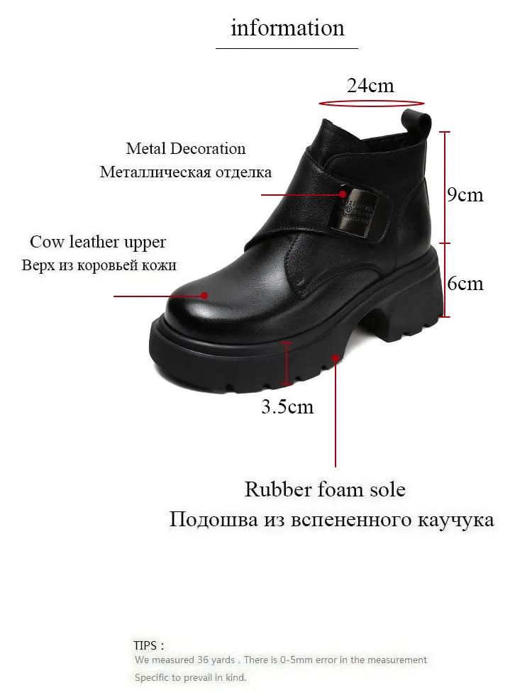 DRKANOL Wide Head Design Women Platform Boots Autumn Winter Warm Thick High Heel Hool And Loop Metal Genuine Leather Ankle Boots