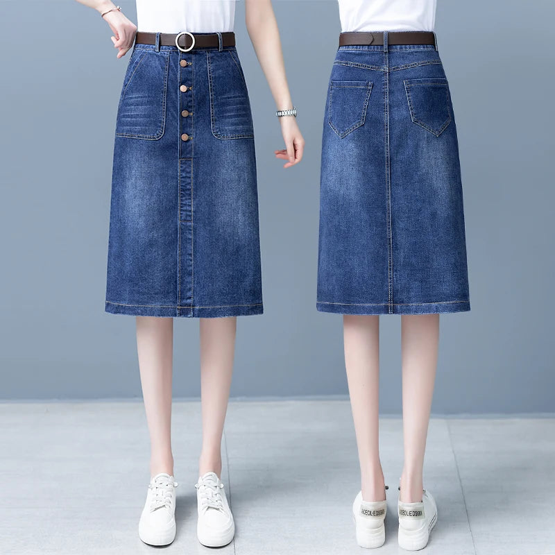 High Waist A-Line Midi Skirt for Women Spring 2023 Denim Split Long Dress Korean Style Commute Pure Color Long Skirt
