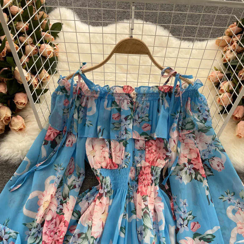 2025 New Retro Summer Beach Vacation Dress Women Sexy Strapless Lantern Sleeve Sweet Floral Jumpsuit Short Chiffon Print Dresses