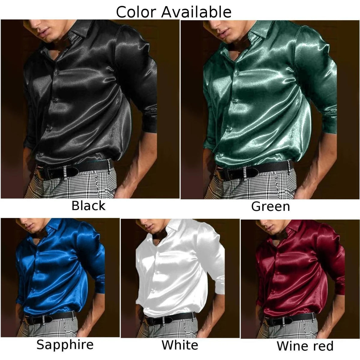 Fashion Autumn Satin Silk Solid Color Long Sleeve Single Breasted Shirt Wedding Party Business Shirts Camisas De Hombre For Men