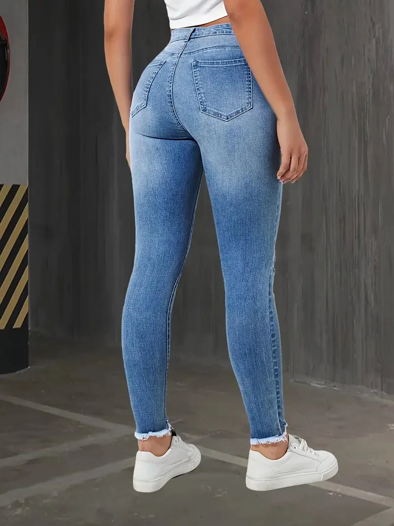 Women's Slim Fit Jeans with Rips Casual Slimming Cone Shaped Mom Jeans Comfortable Stretch Denim Trousers