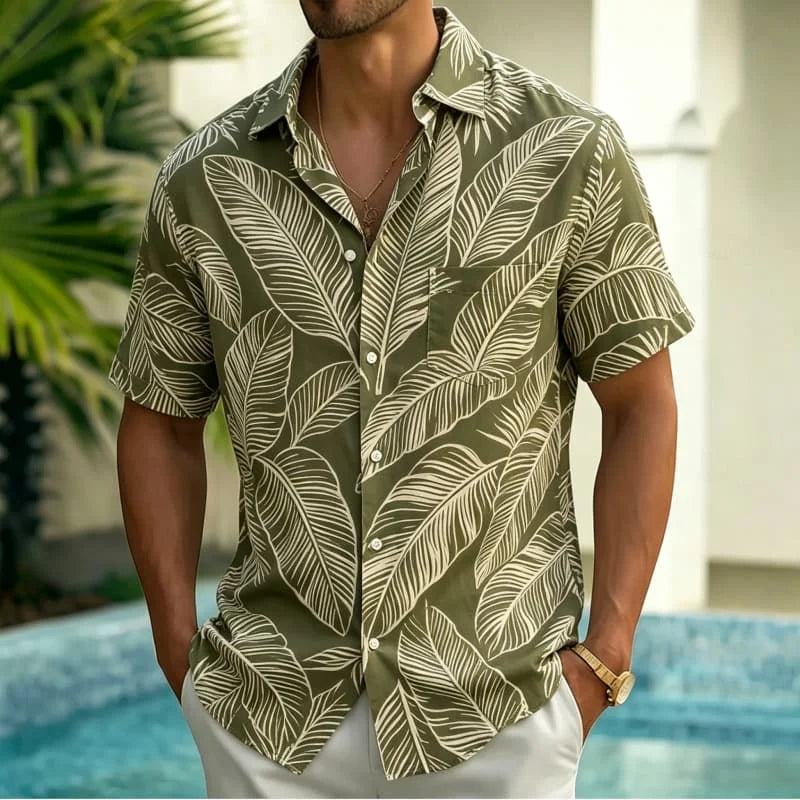 Men's Line Drawing Style Tropical Printed Short Sleeved Pocket shirt, Fresh And Simple style, For Vacation And Daily Wear