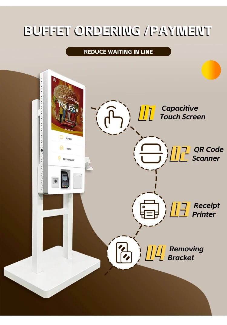 Restaurant 24 27 32 inch touch screen cashless POS fast food self-service order payment end point kiosk floor machine