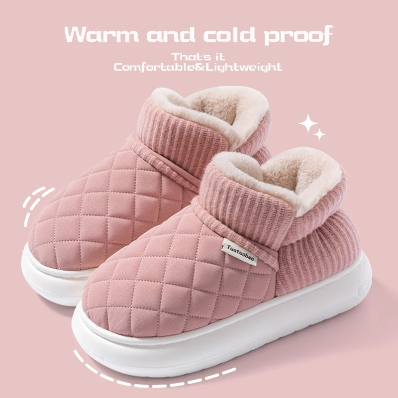 Winter Warm Snow Boots Unisex Thick Platform 4.0CM Quilted Plush Lined Non-Slip Indoor Outdoor Casual Cotton Shoes