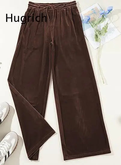 Women's High Waist Velvet Wide Leg Pants Drawstring Elastic Waist Loose Casual Trousers Autumn Winter Solid Color Long Pants B