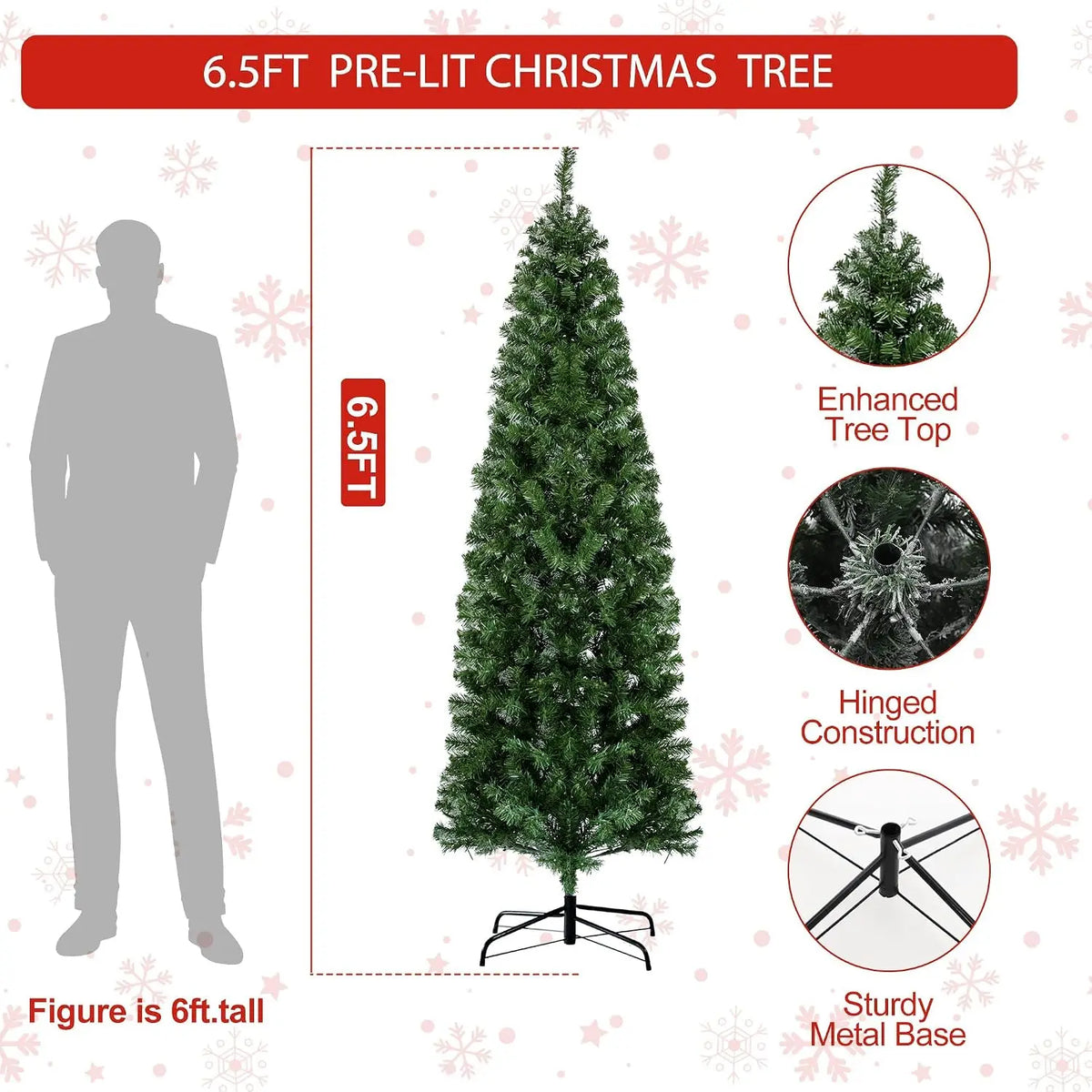 Garvee 6.5ft Pre-Lit Slim Pencil Christmas Tree with 250 Warm LED Lights Festive Family Party Christmas Atmosphere Decor Artificial Pencil Xmas Tree 586 Branch Tips, 8 Lighting Modes