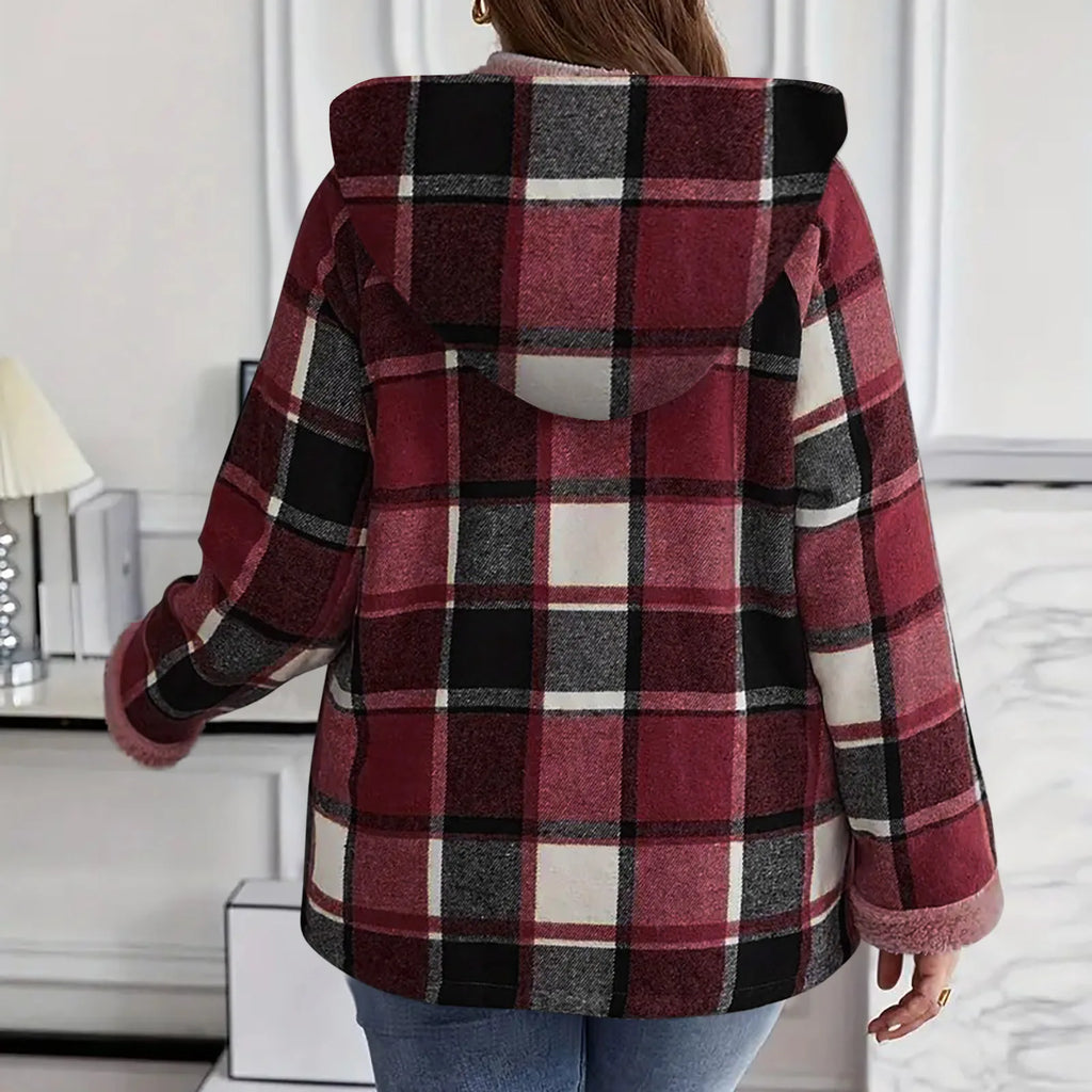 Women's Large Plaid Style Womens Jacket With Hooded Plaid Autumn And Winter Casual Loose Black White Plaid Coat Button Fall Top