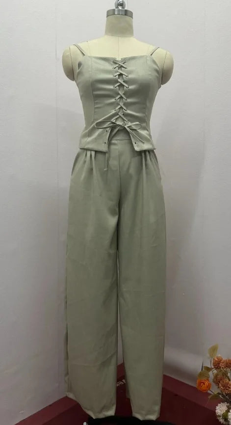 Summer Leisure High Street Outfit Office Lady Solid Color Slim Two Piece Set Chic Sleeveless Bandage Tank Tops&Pocket Pants Suit