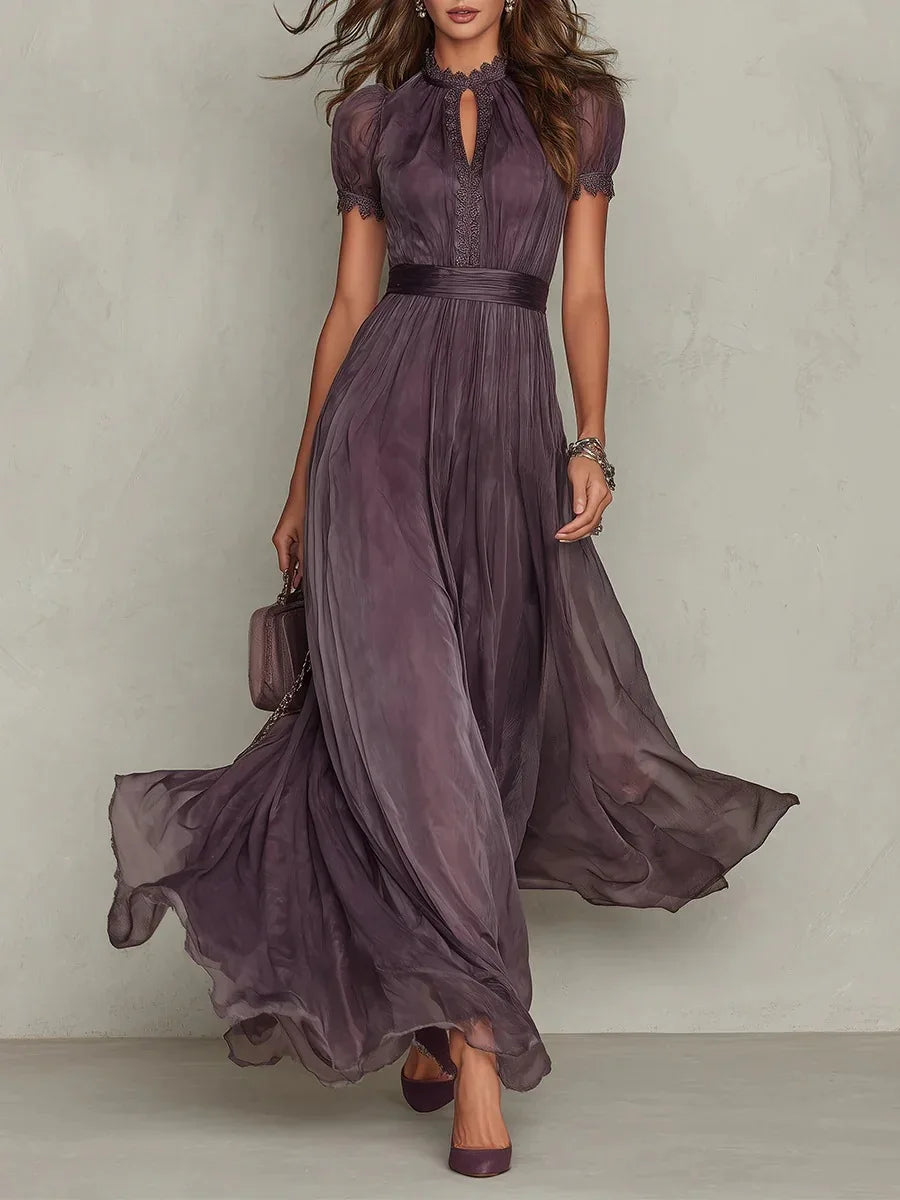 Vintage Spliced Hollow Out Dinner Maxi Dress for Women Stand Collar Lantern Sleeve Pleated Tunic Slit Sexy Dresses Female
